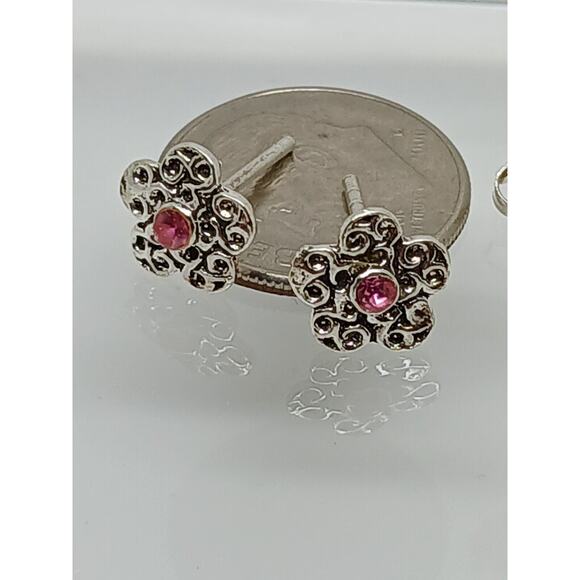 Vintage Estate Jewelry NOS .925 Sterling Silver Pink Crystal Flower Earrings - Picture 2 of 8